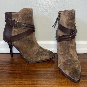 Joe’s Distressed Booties Heels Brown Suede & Leather Straps Side Zip Size 6 M